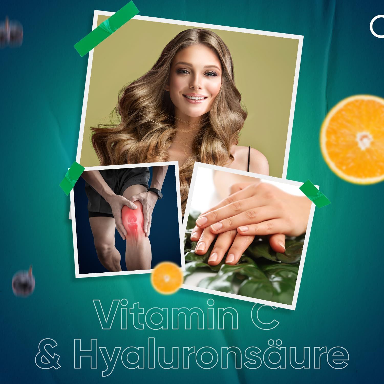 Collage di foto. Donna con capelli, ginocchio, mani. Testo: Vitamina C e acido ialuronico.