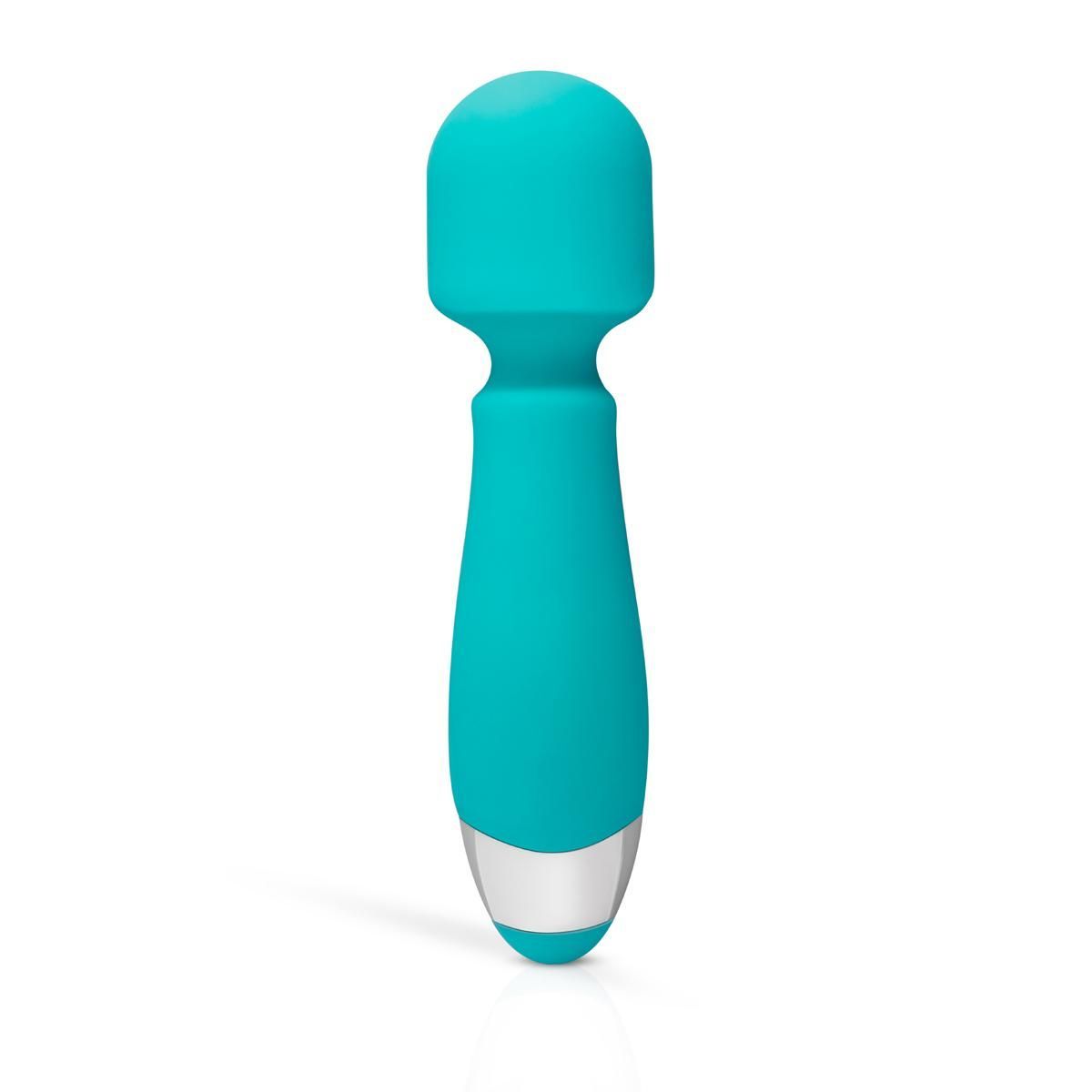 Vibratore massaggiante turchese con testa arrotondata ed estremità argentata. Il vibratore ha una forma ergonomica.