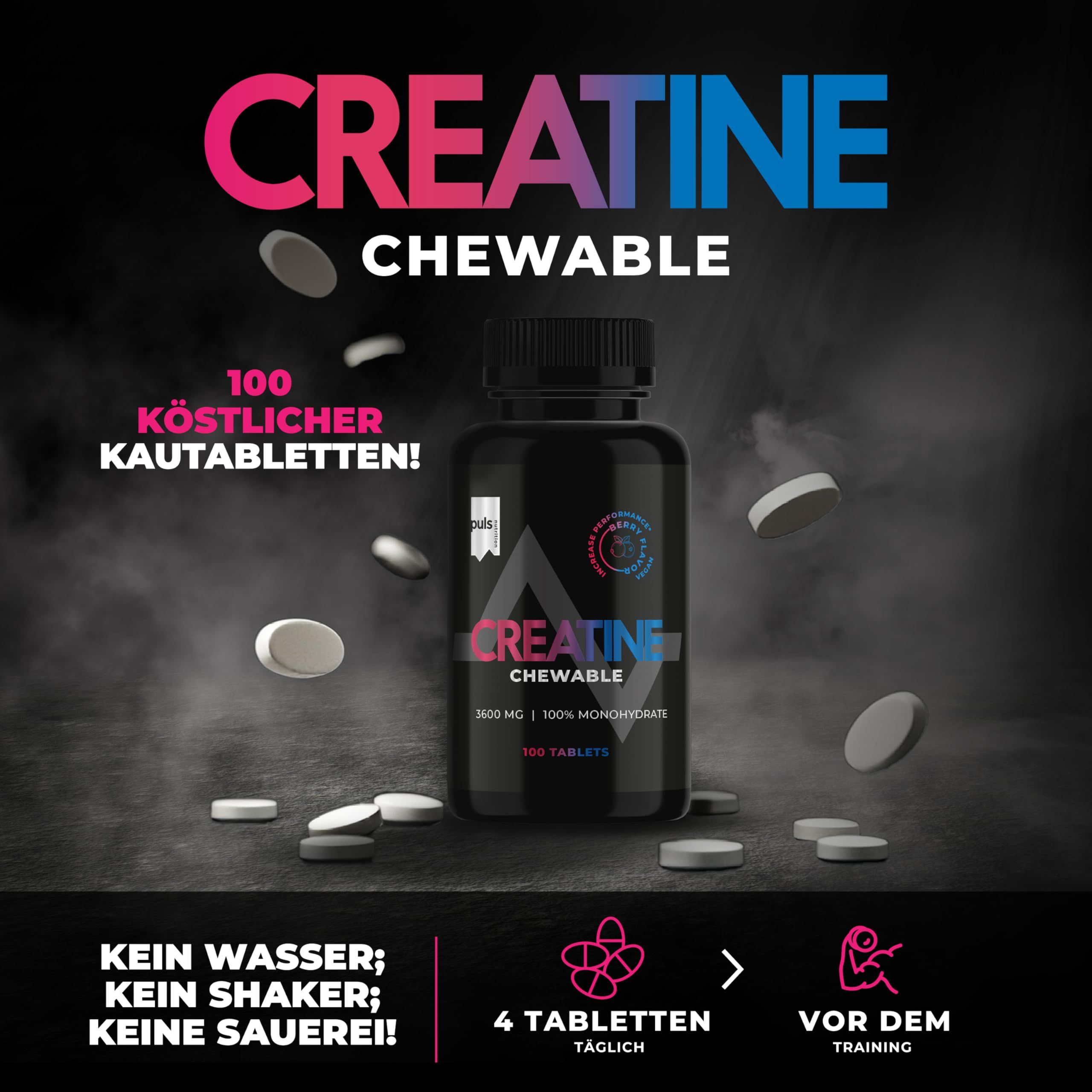 Barattolo nero con 100 compresse masticabili di creatina, gusto bacca. Sull'etichetta è scritto "Creatine Chewable".