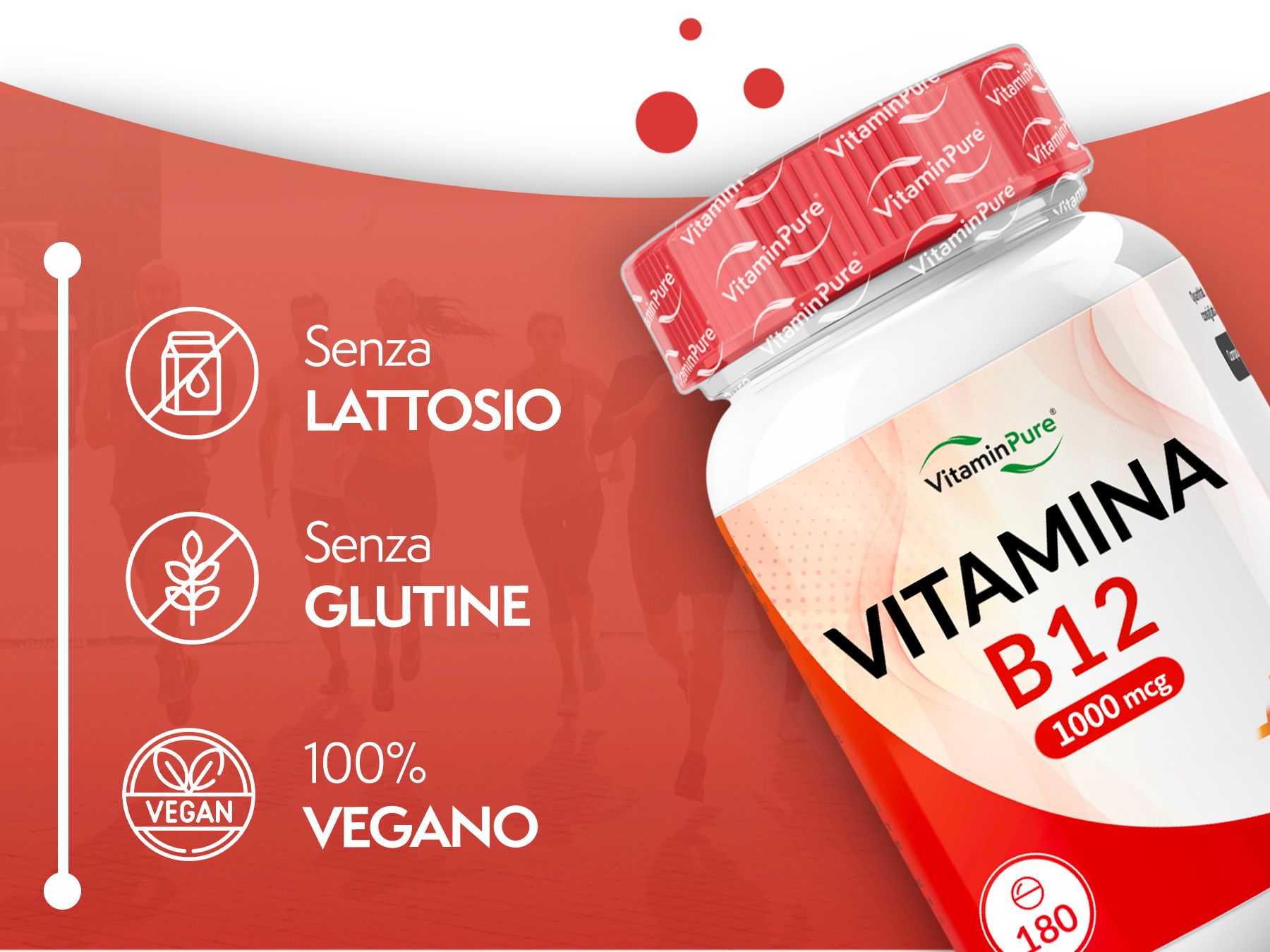 Flacone: Vitamina B12 1000 mcg. 180 compresse. Senza lattosio, glutine, vegano.