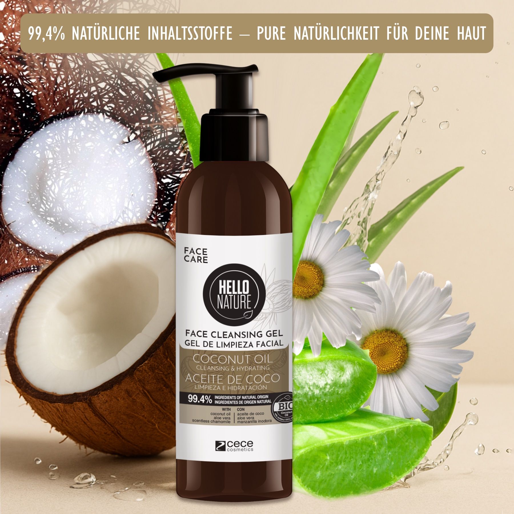 Gel detergente viso con olio di cocco. Flacone marrone con dosatore. Logo Hello Nature. Cocco, fiori, aloe vera.