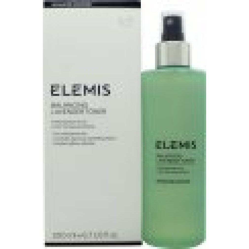Flacone verde e confezione Elemis Balancing Lavender Toner. Testo: Purifying facial toner. 200 ml.