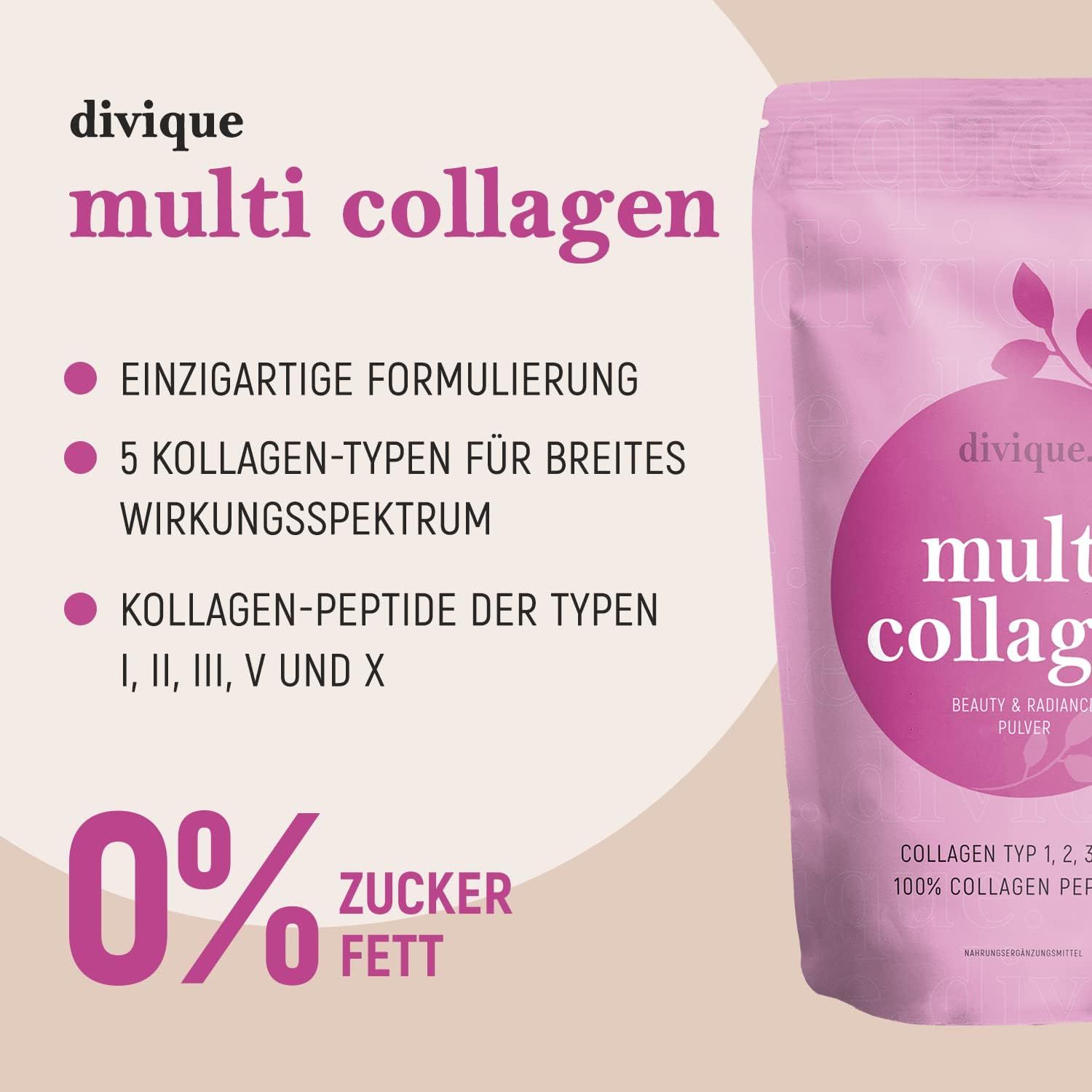 Busta rosa con testo: divique multi collagen. 0% zucchero, 0% grassi. Contiene peptidi di collagene.