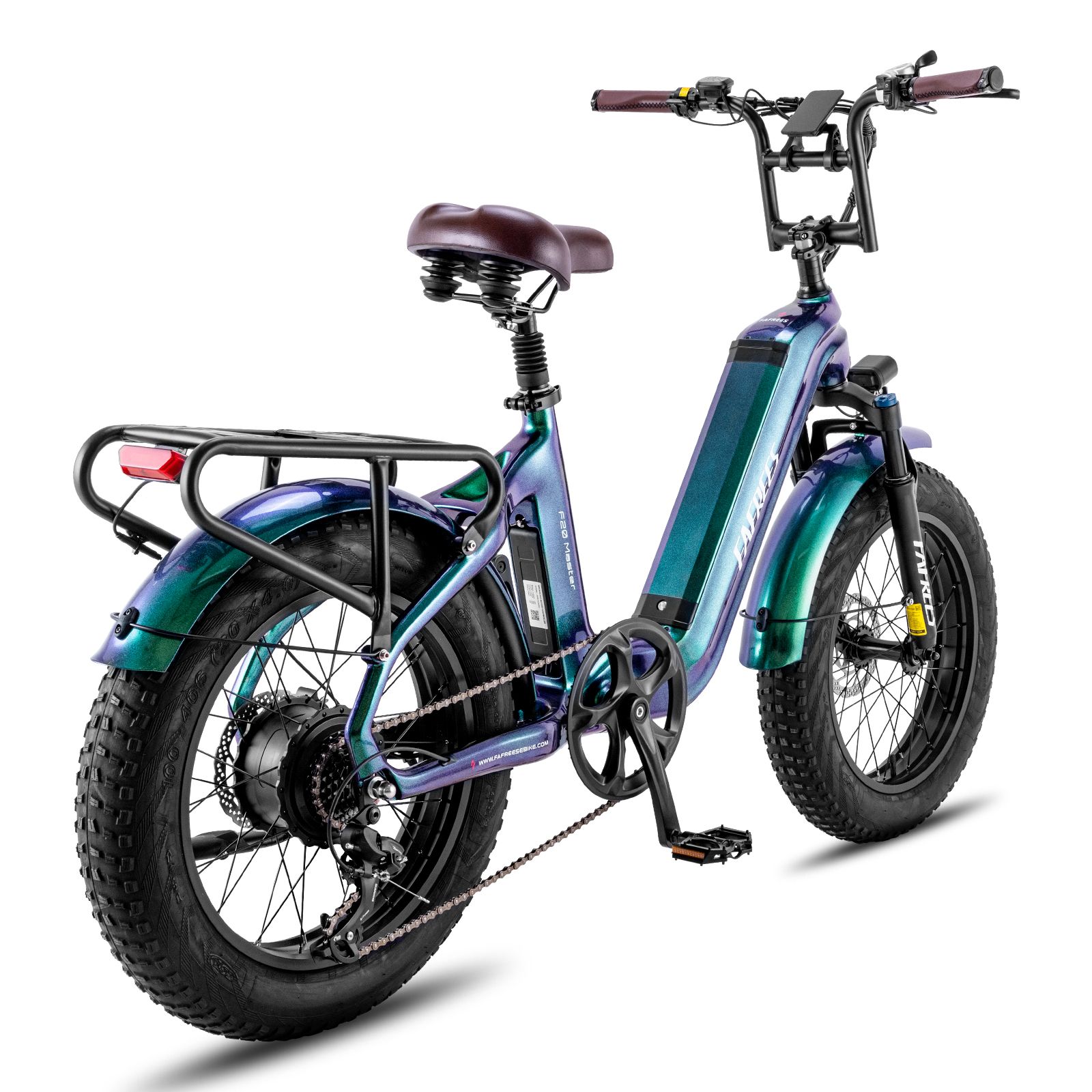 E-bike Fafrees F20 Master. Vernice verde-blu, pneumatici larghi, portapacchi, sella marrone. Logo Fafrees visibile.
