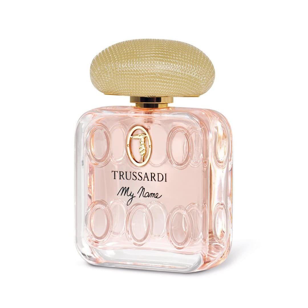 Flacone Trussardi My Name Eau de Parfum con tappo dorato e decorazioni ovali.
