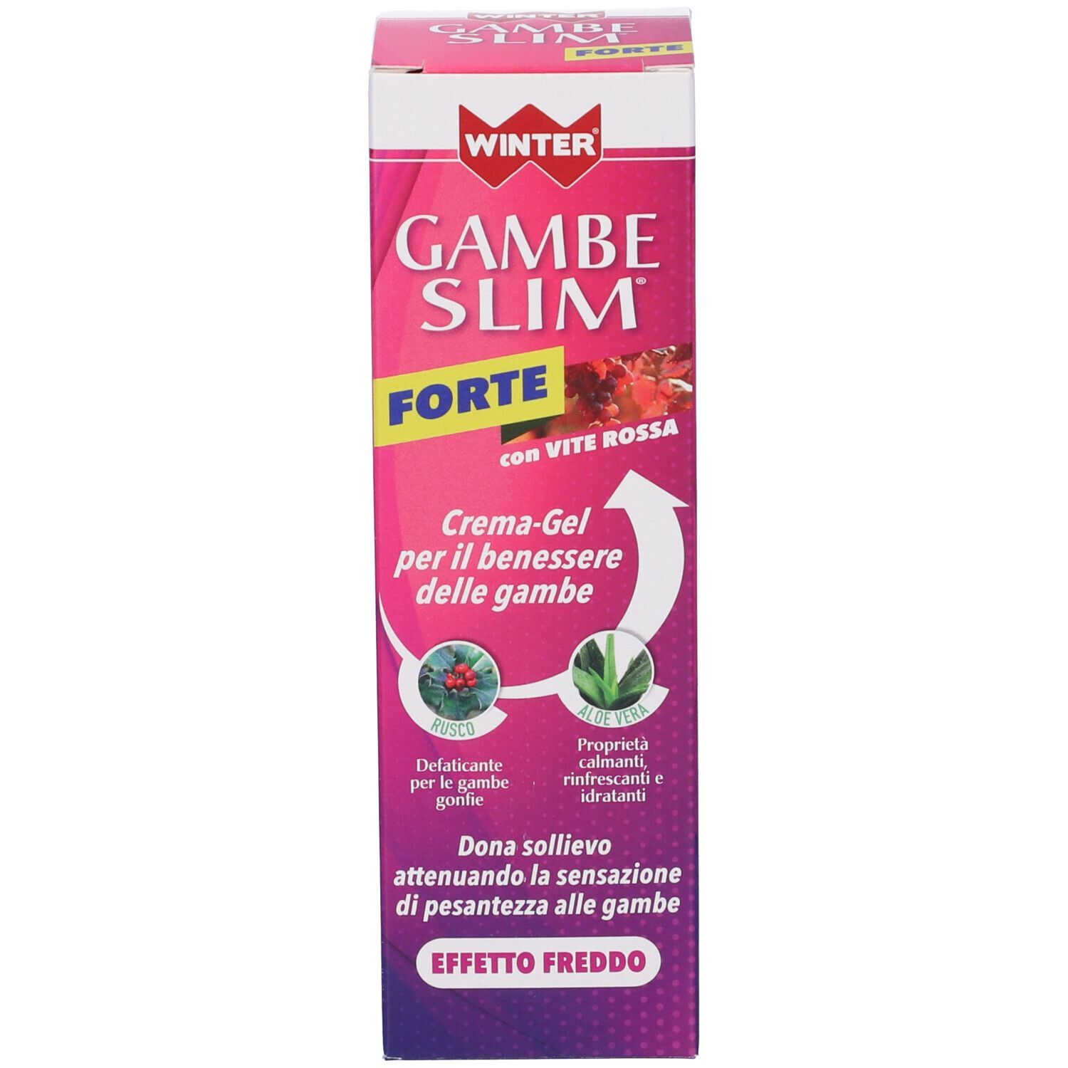 Confezione di Winter Gambe Slim Forte. Testo: Crema-Gel per il benessere delle gambe. Con illustrazioni di piante. Effetto Freddo.