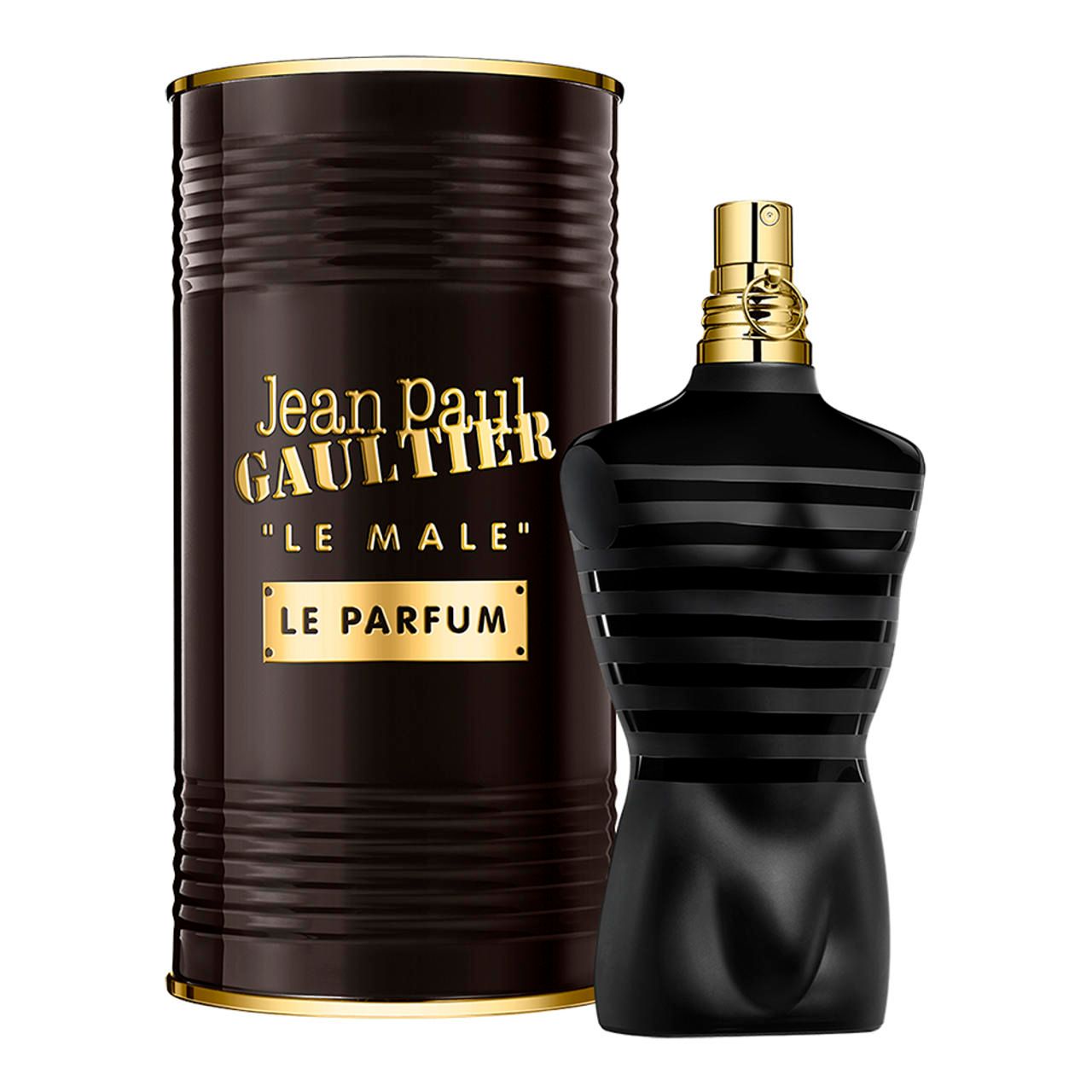 Flacone nero e scatola con scritta "Jean Paul Gaultier Le Male Le Parfum".