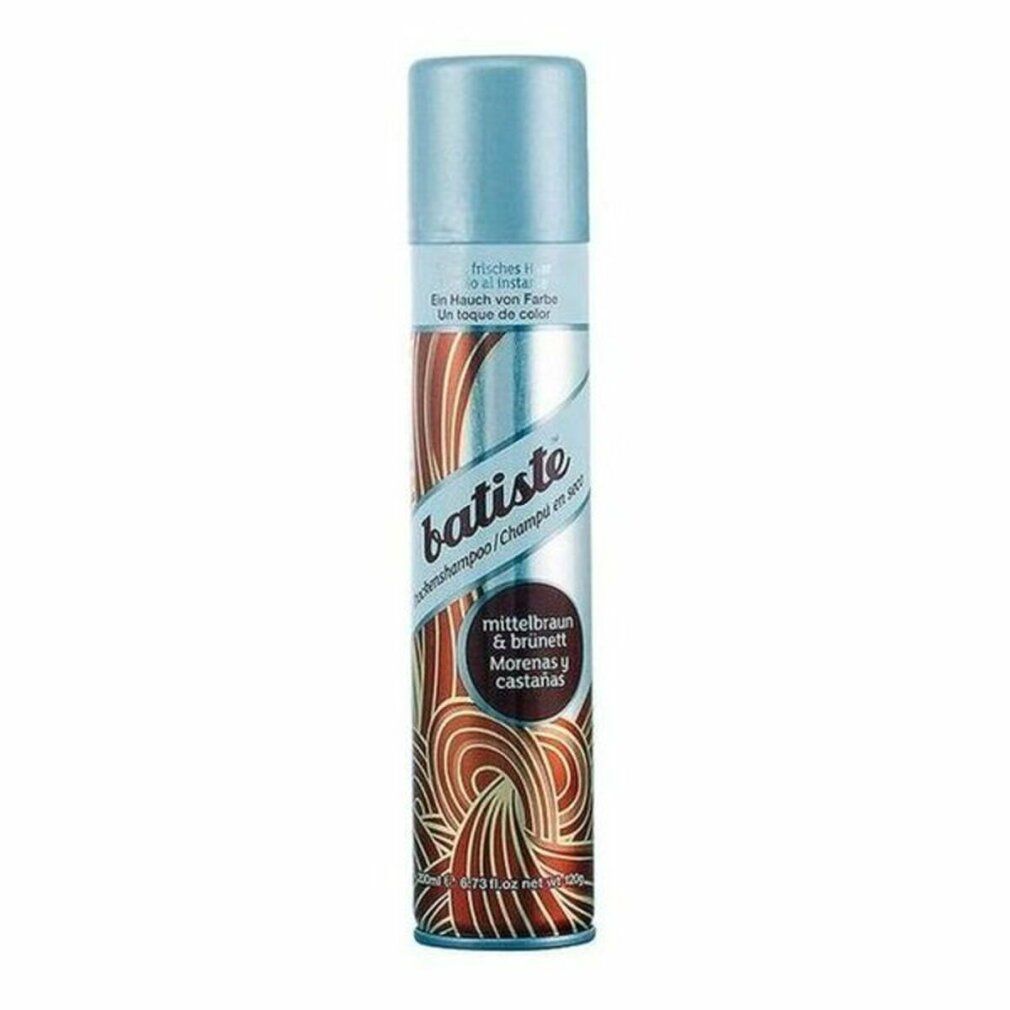 Spray shampoo secco, bomboletta blu-argento. Scritta: Batiste, Trockenshampoo/Champú en seco, Mittelbraun & brünett, Morenas y castañas.