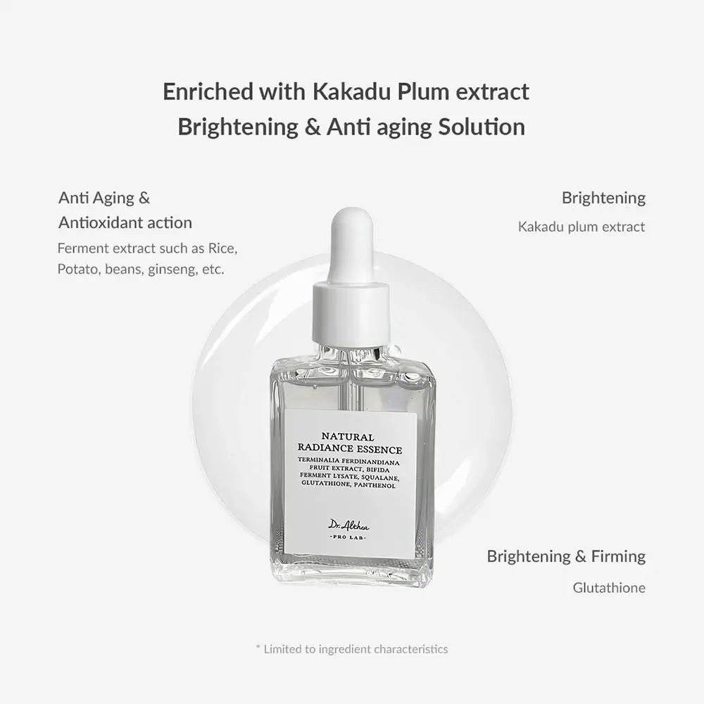 Flacone di essenza con testo. Scritta: Natural Radiance Essence. Con testo sugli ingredienti e gli effetti.