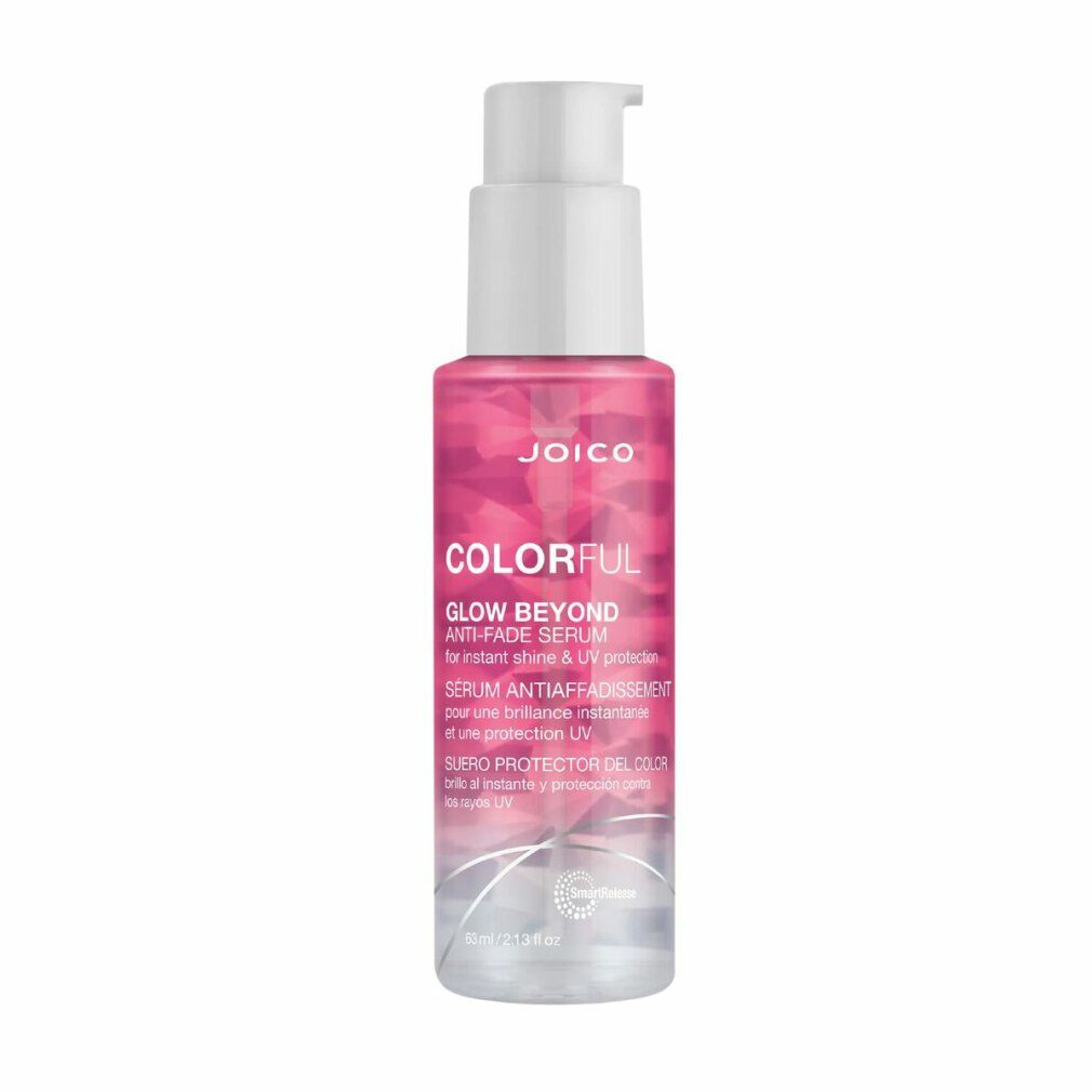 Siero Joico Colorful Glow Beyond. Flacone con dosatore, liquido rosa. Testo: Joico, Colorful, Glow Beyond, Siero Anti-Sbiadimento.