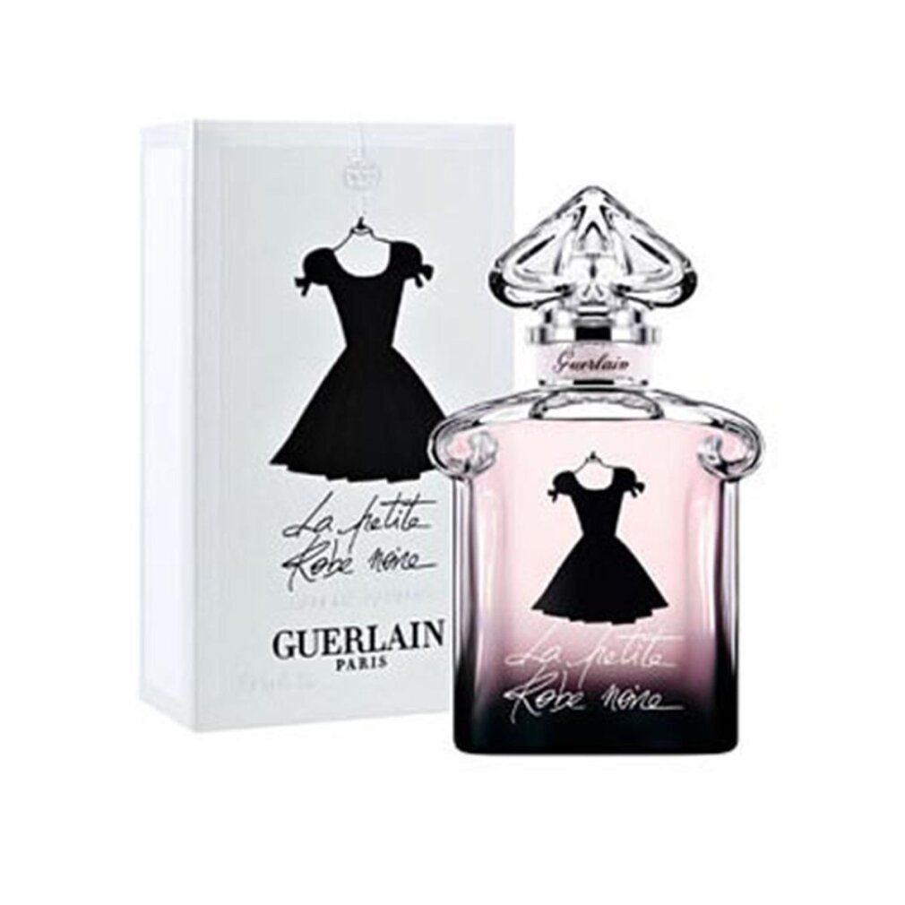 Flacone di profumo e confezione. Flacone con liquido rosa e design abito nero. Logo Guerlain. Confezione bianca.