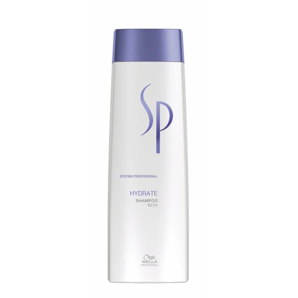Shampoo bianco, tappo viola. Logo SP e nome prodotto. Logo Wella.