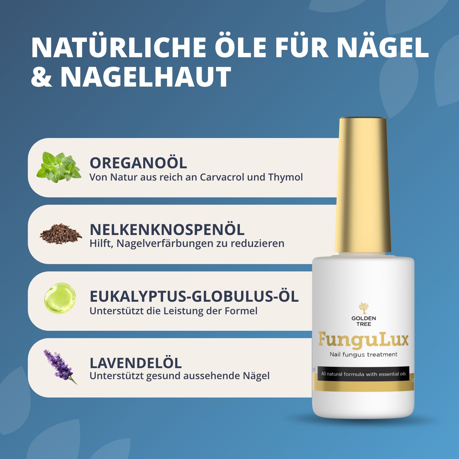 Flacone del trattamento per unghie FunguLux accanto a una scatola che evidenzia gli oli naturali.