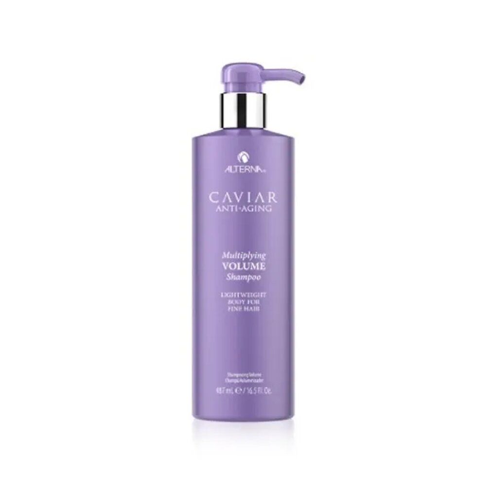 Flacone di shampoo viola con dosatore. Scritta: Alterna Caviar Anti-Aging, Multiplying Volume Shampoo, per capelli fini.