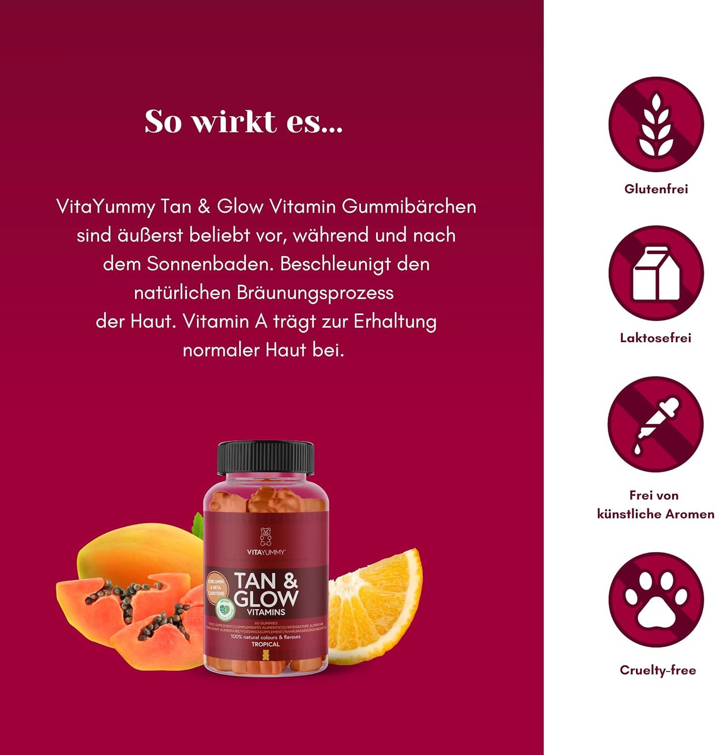 Barattolo di VitaYummy Tan & Glow. Senza glutine, senza lattosio, senza aromi artificiali, cruelty-free.