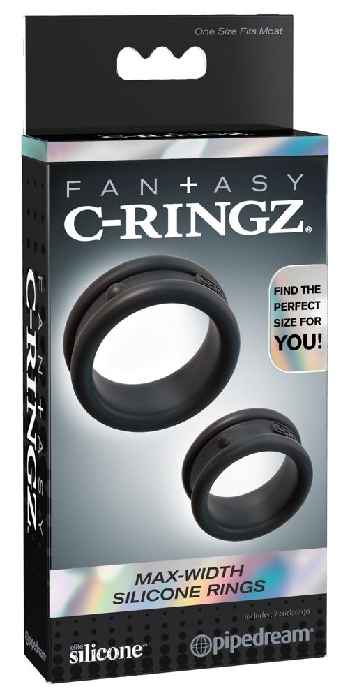 Confezione per Fantasy C-Ringz Max Width Silicone Rings, mostra due anelli neri.