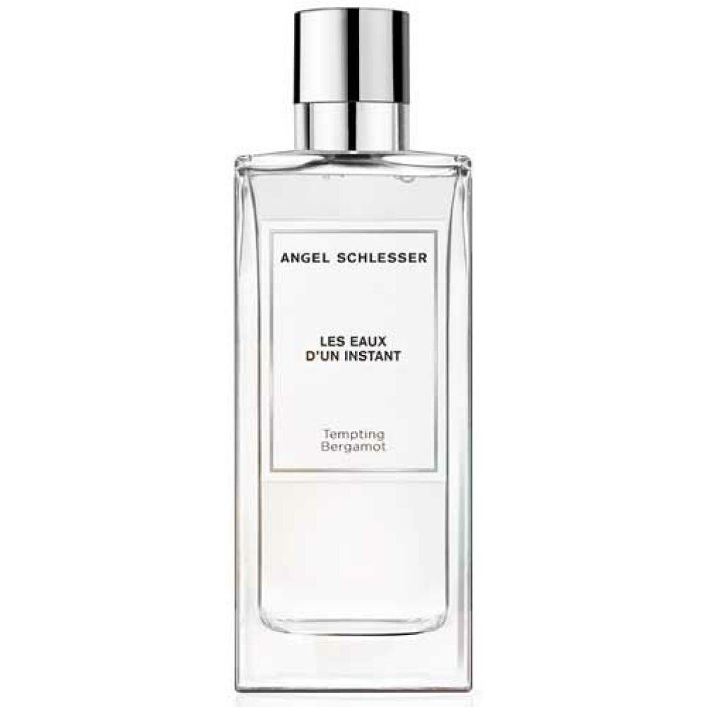 Flacone rettangolare in vetro con tappo argentato. Scritta: Angel Schlesser, Les Eaux d'Un Instant, Tempting Bergamota.