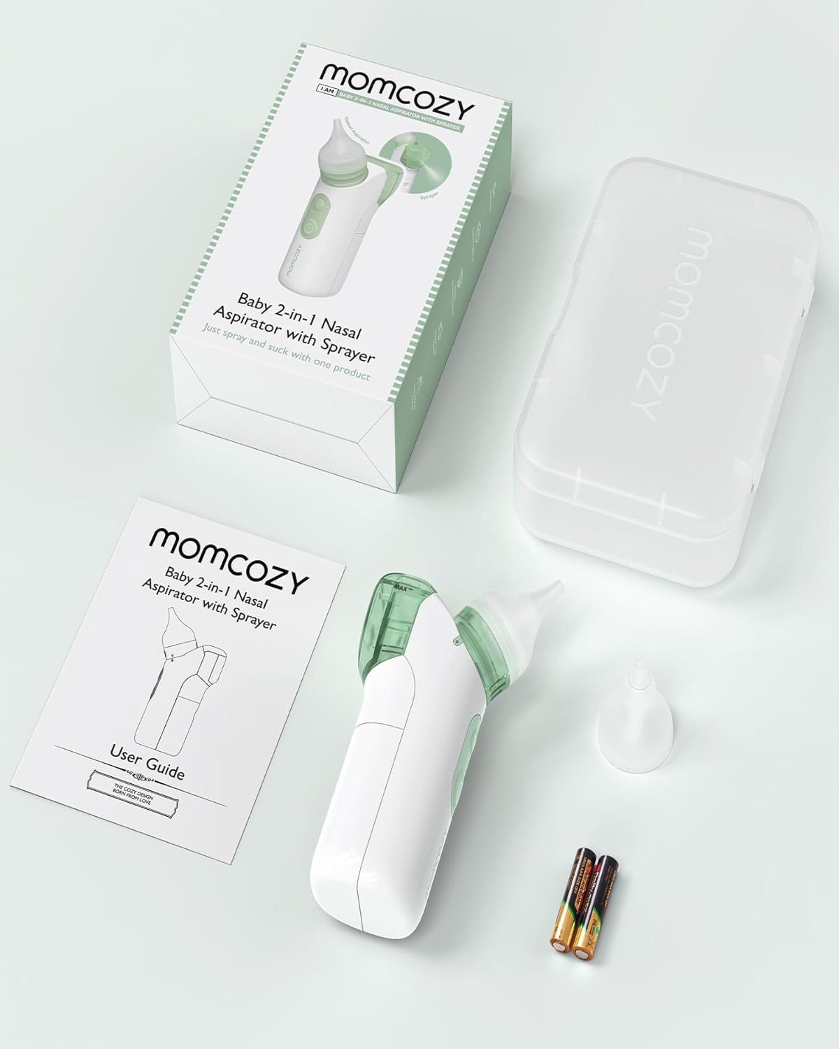 Aspiratore nasale, confezione, custodia, manuale, punta di ricambio, batterie. Logo Momcozy.