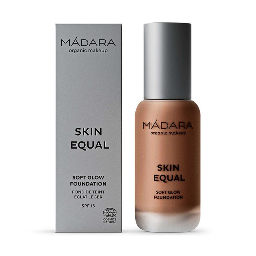 Madara Skin Equal Foundation Chestnut. Flacone e confezione. Testo: Skin Equal, Soft Glow Foundation, SPF 15. Certificazione.