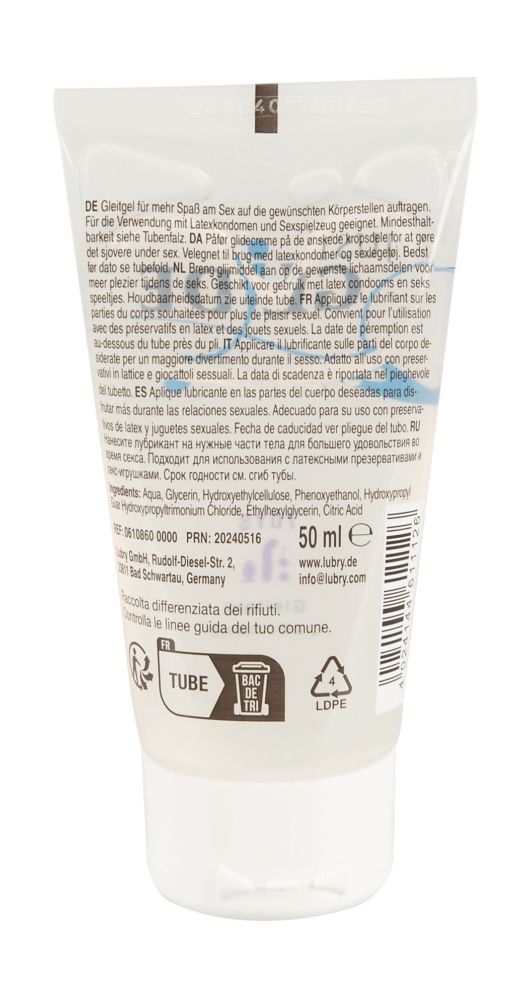 Retro di un tubo di gel lubrificante da 50ml. Contiene ingredienti e istruzioni.