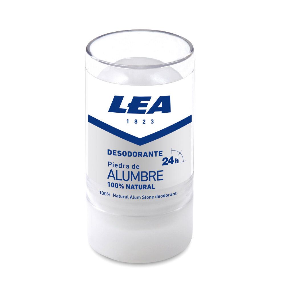 Stick deodorante Lea Alum Stone. Stick bianco in custodia trasparente. Scritta: DESODORANTE PIEDRA DE ALUMBRE 100% NATURAL.