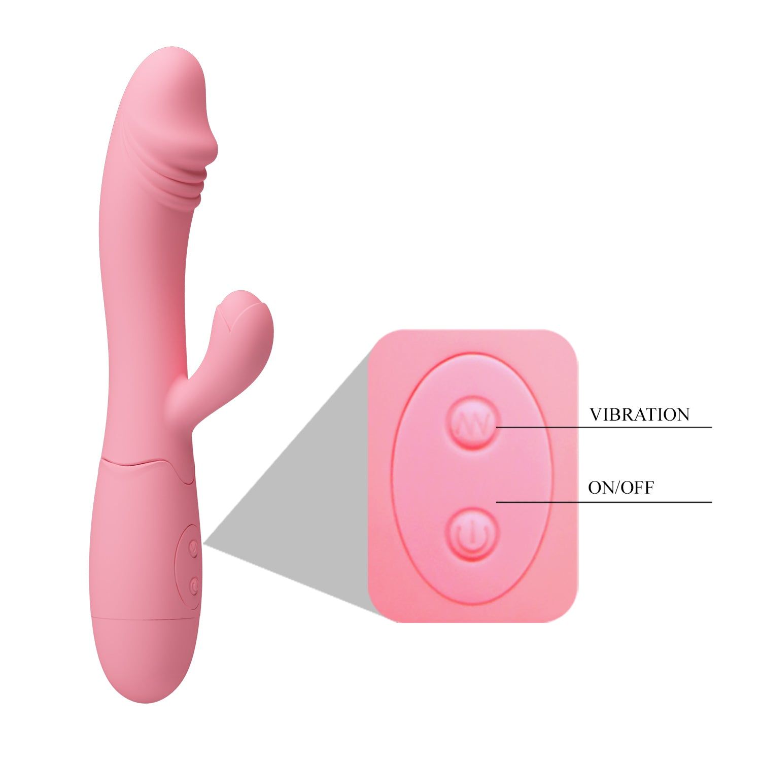 Vibratore rosa con due pulsanti: Vibrazione e On/Off. Materiale siliconico.