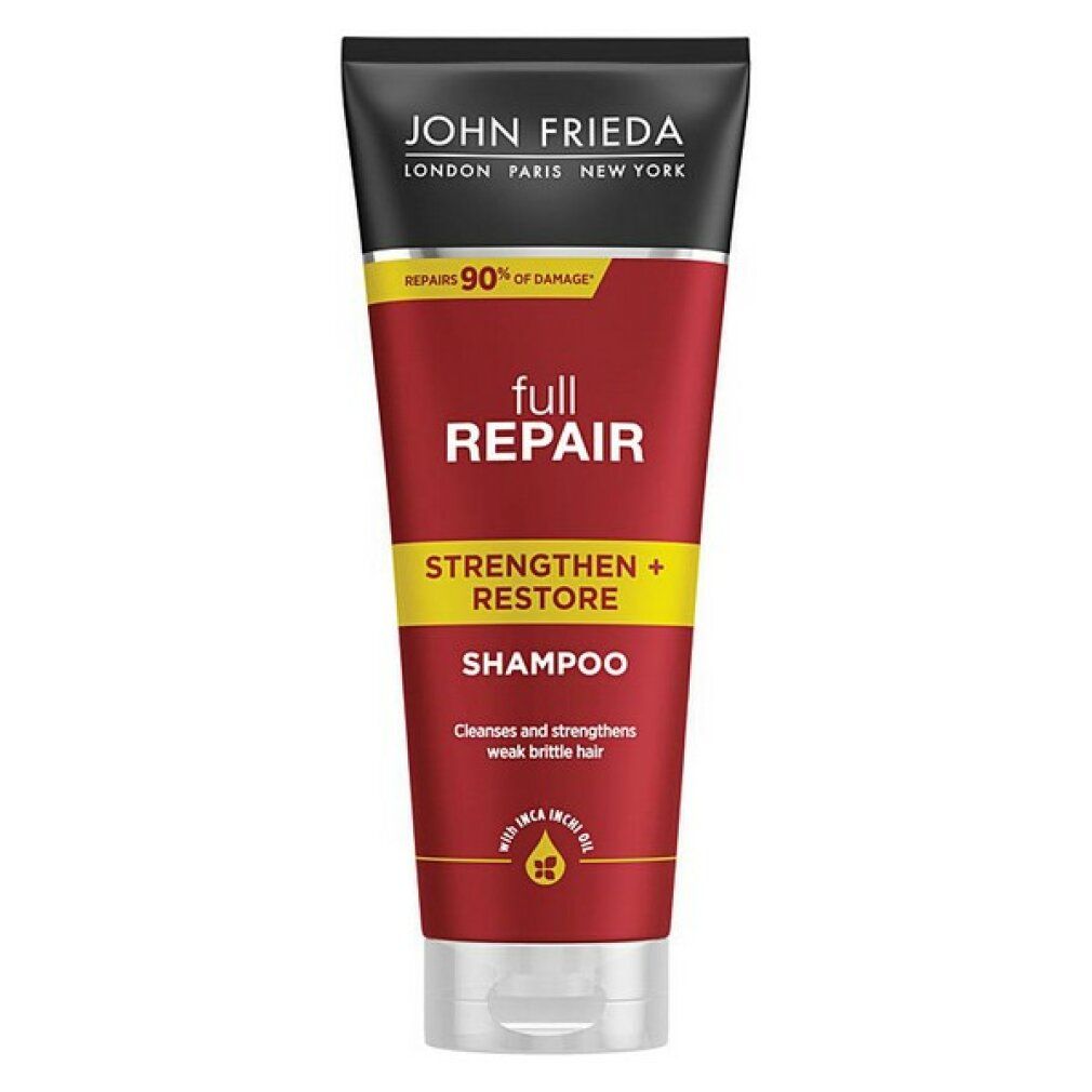 Shampoo John Frieda Full Repair. Tubo rosso con tappo nero. Testo: Full Repair, Strengthen + Restore, Shampoo.