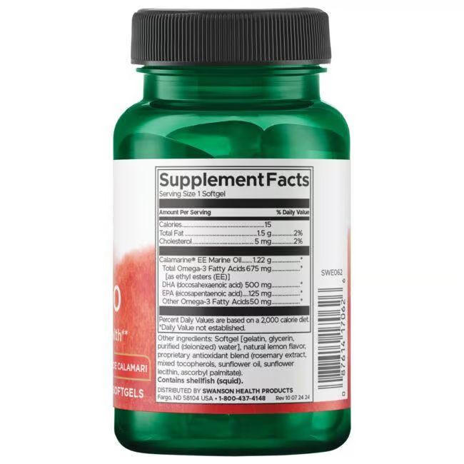 Retro del flacone verde. Scritta: Supplement Facts. Ingredienti e informazioni nutrizionali. Contiene softgel.