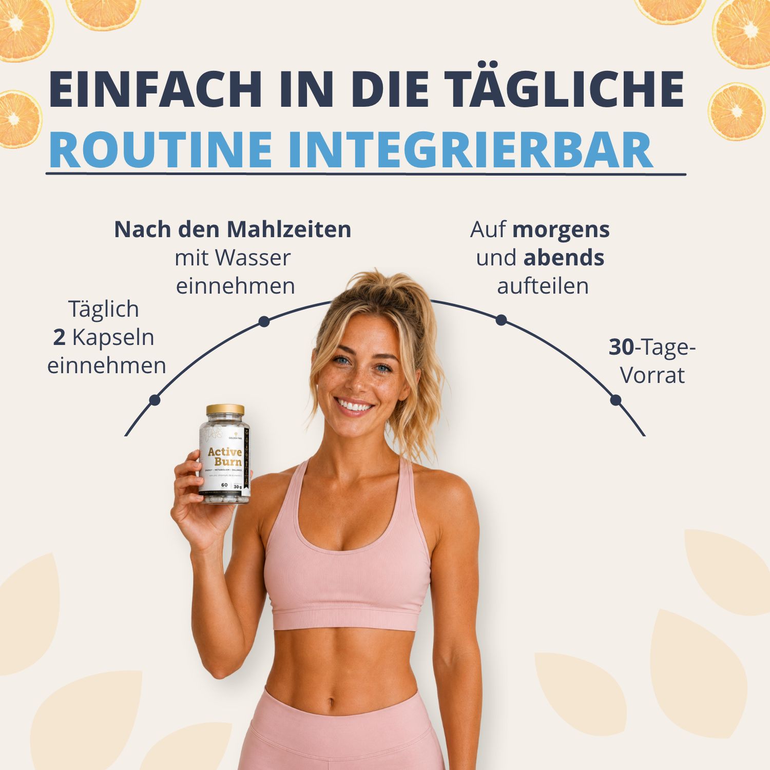 Donna che tiene una bottiglia Golden Tree Active Burn, con istruzioni per l'assunzione quotidiana.