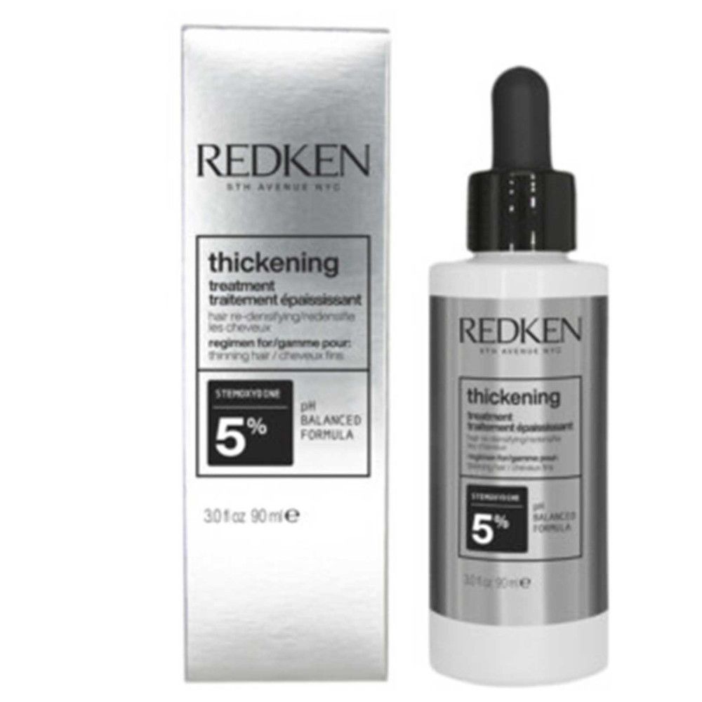 Prodotto Redken con confezione. Scritta: thickening treatment. Contiene 5% Stemoxydine. Flacone con contagocce.