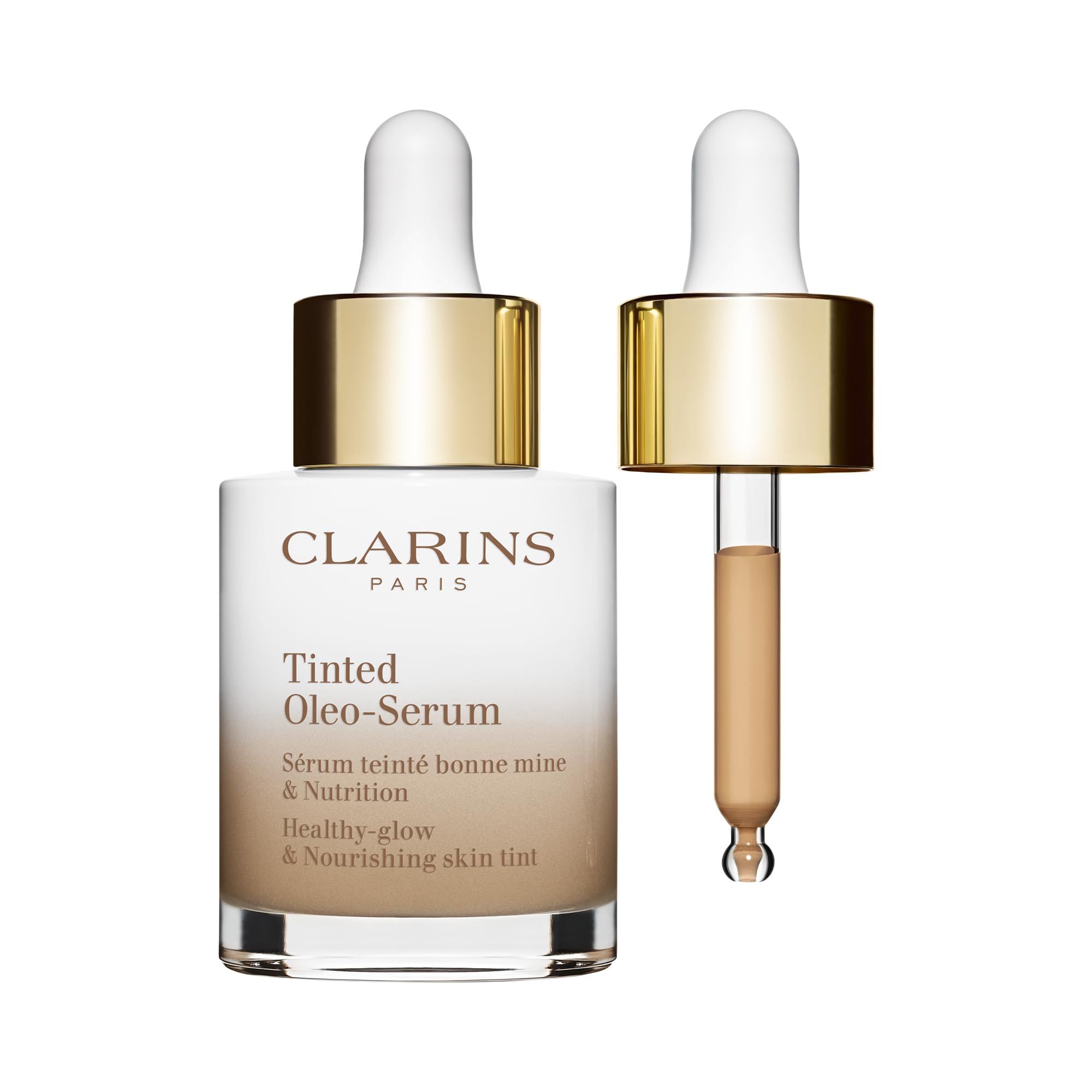 Clarins Siero Oleo-Tintato. Flacone e contagocce. Vetro bianco, tappo dorato. Contagocce con liquido colorato.