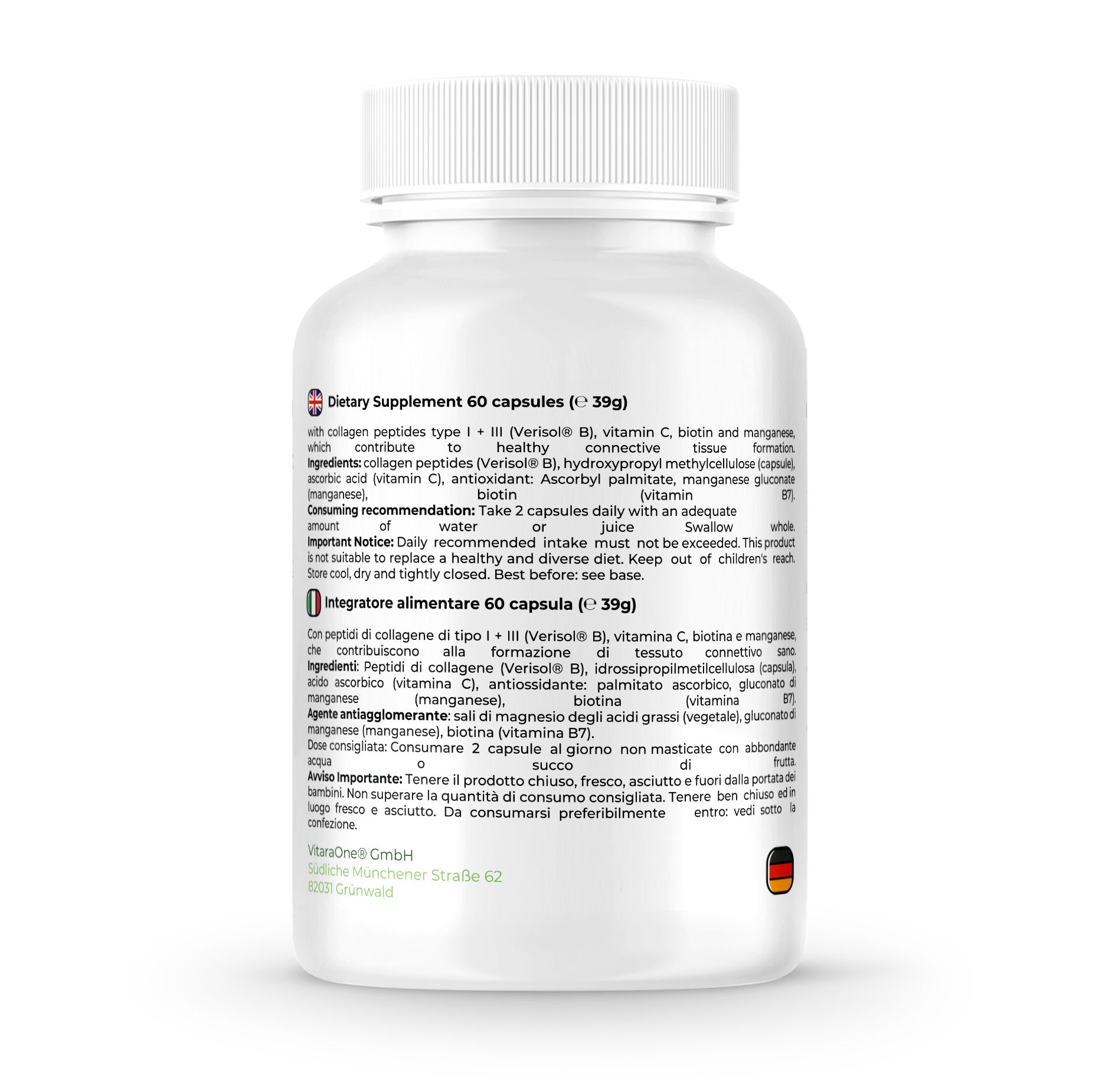 Retro del flacone bianco. Contiene informazioni sugli ingredienti, il dosaggio e le informazioni nutrizionali. 60 capsule.