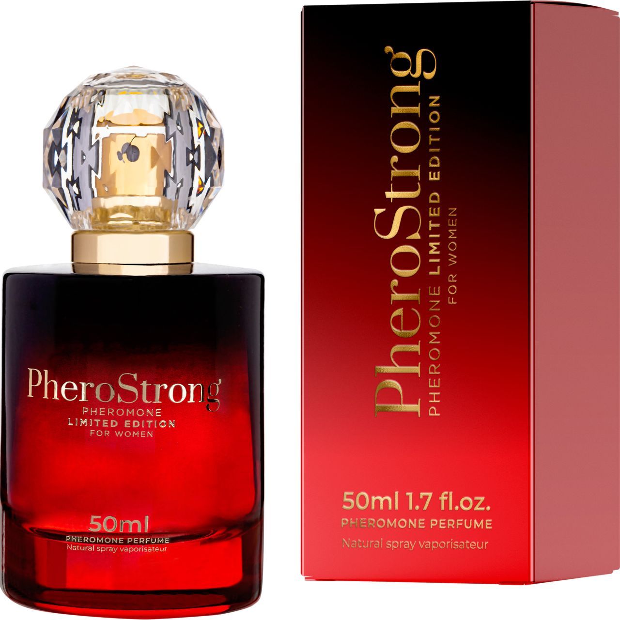 PheroStrong Profumo feromoni per donna, 50ml. Flacone rosso con tappo di cristallo e scatola abbinata.