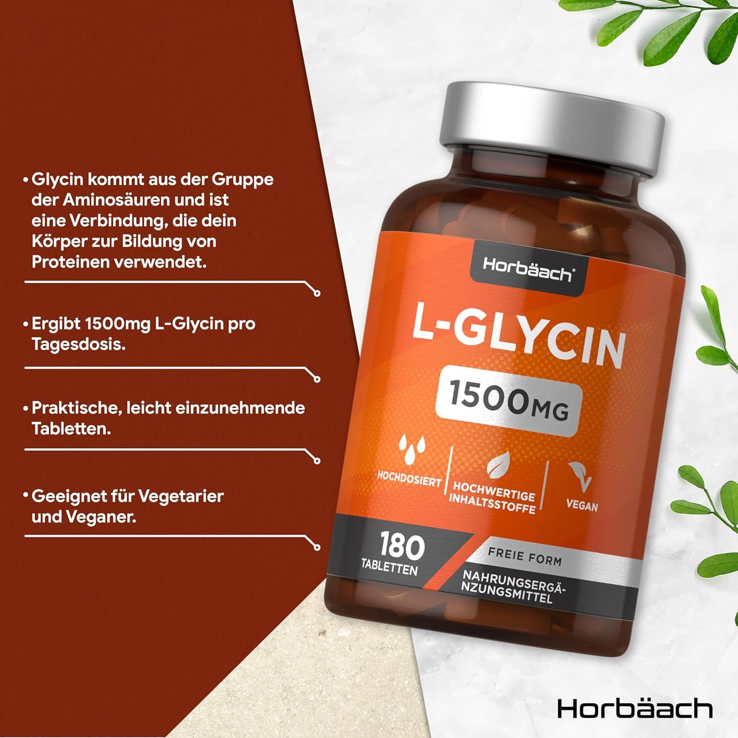 Flacone marrone con etichetta arancione. Contiene 180 compresse di L-Glicina 1500mg. Vegano.