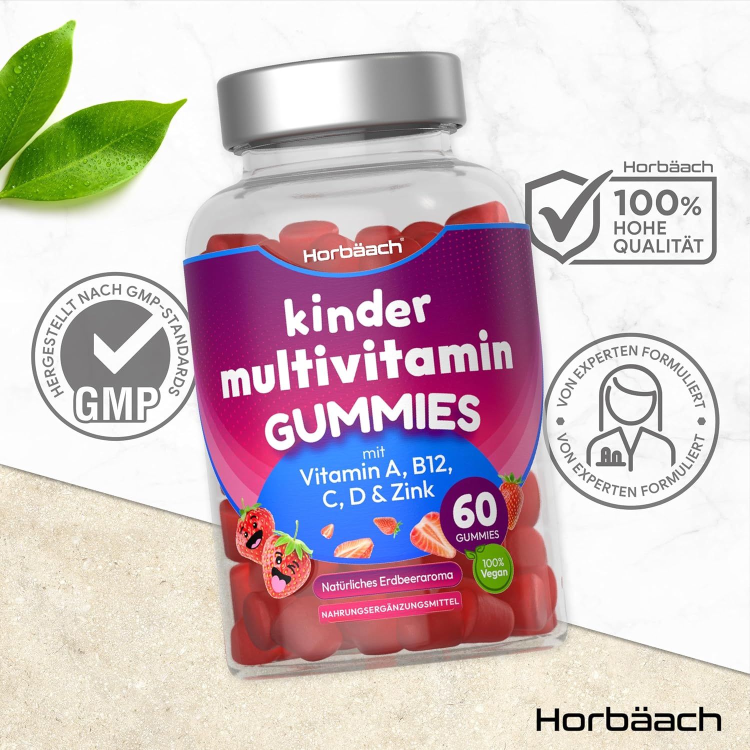 Bottiglia Horbaach Multivitamin Gummies bambini. 60 caramelle gommose. 100% alta qualità. Certificato GMP. Formulato da esperti.