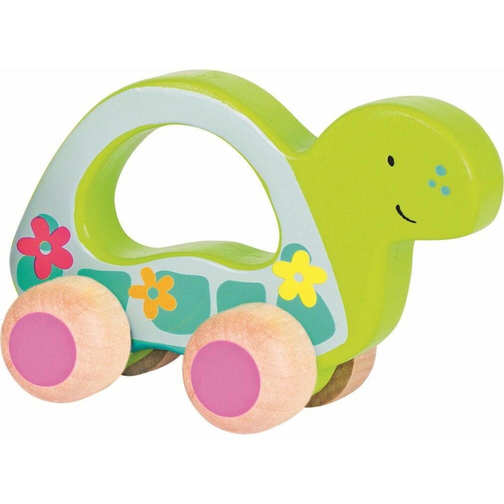 Giocattolo in legno a forma di tartaruga con ruote. Verde con fiori. Ruote rosa.