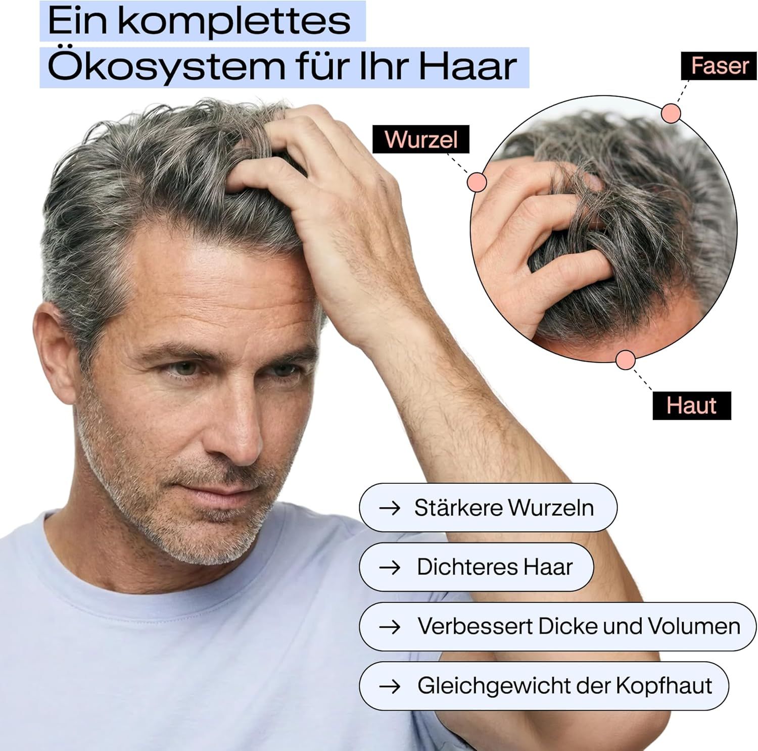 Uomo che si gratta la testa. "Un ecosistema completo per i tuoi capelli".