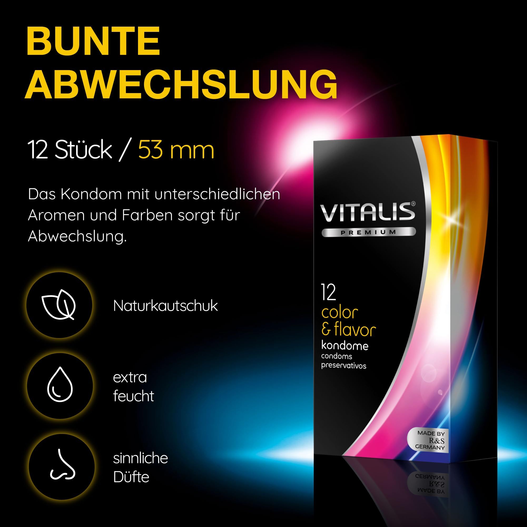 Preservativi Vitalis Color & Flavor 12 pezzi, 53mm. Lattice naturale, extra lubrificati, profumi sensuali.