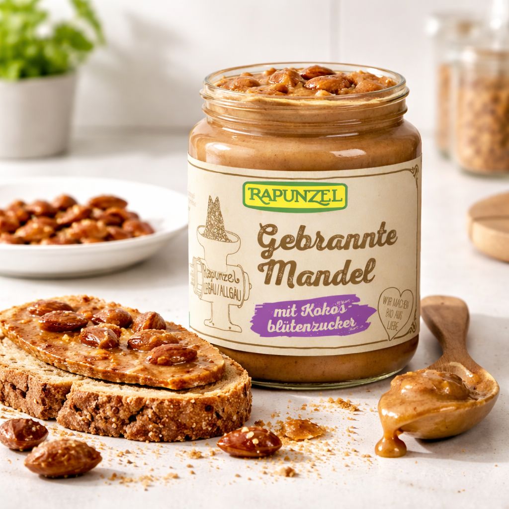 Crema Rapunzel Mandorle Caramellate con Zucchero di Fiori di Cocco in vasetto, su pane e spicchi di mela.