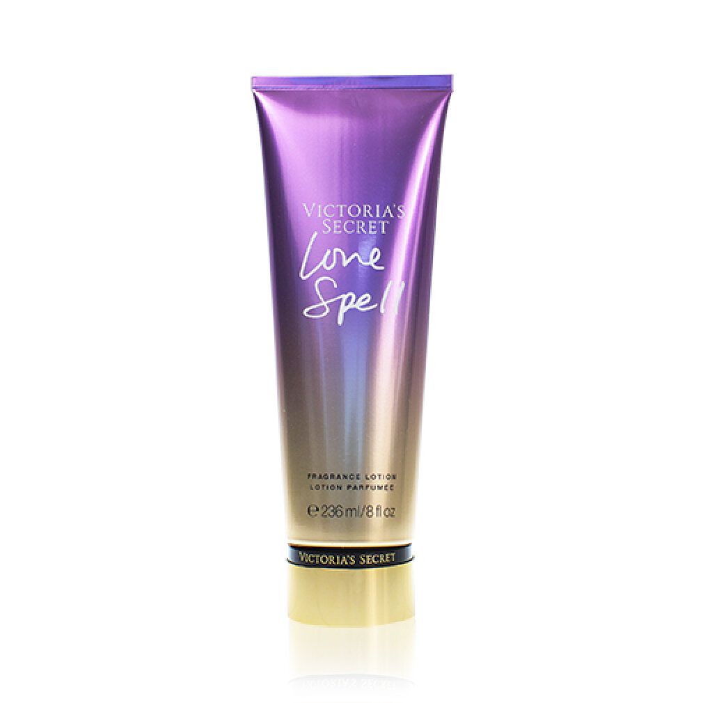 Tubo di lozione sfumato. Scritta: Victoria's Secret Love Spell. Testo: Fragrance Lotion, 236 ml/8 fl oz.