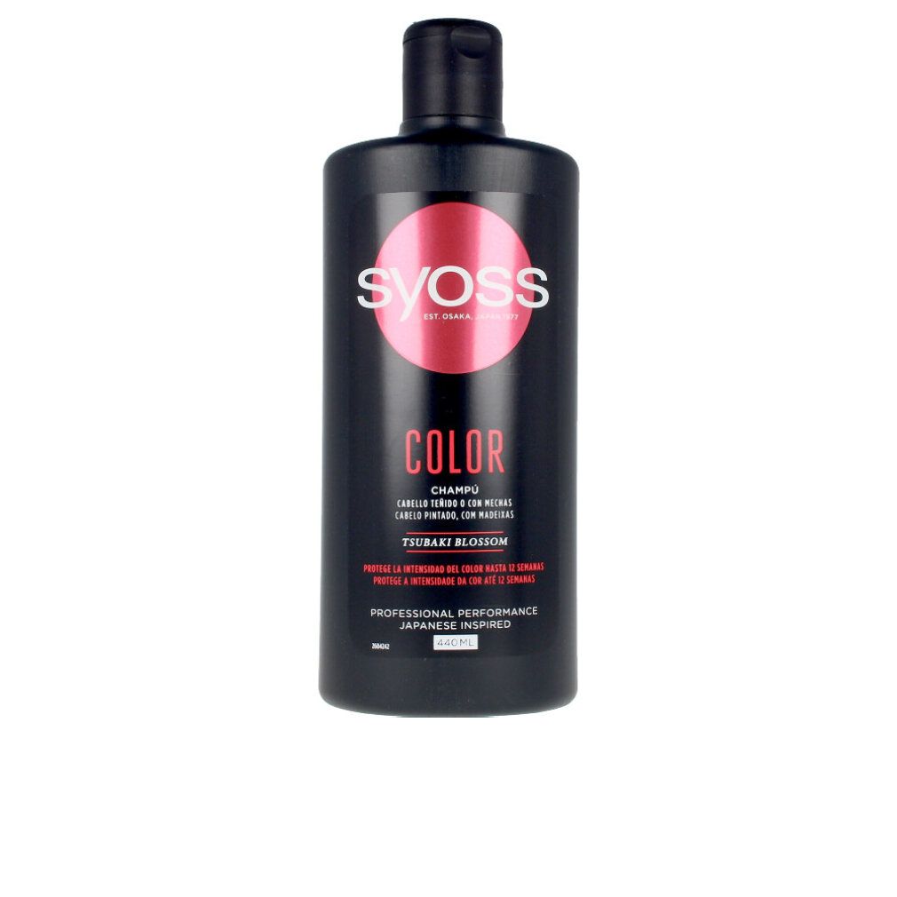 Flacone di shampoo nero con cerchio rosso e scritta bianca SYOSS. Testo: COLOR, TSUBAKI BLOSSOM. Performance professionale.
