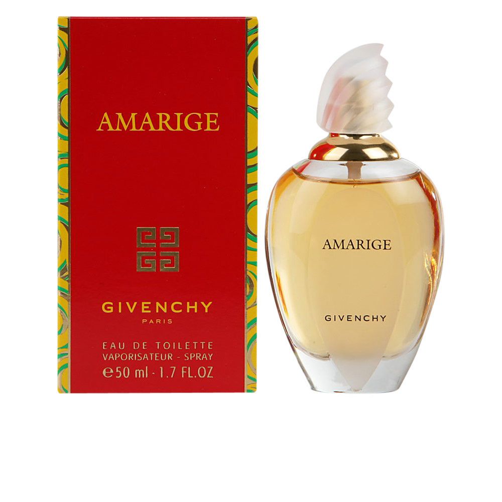 Flacone di profumo accanto a confezione rossa. Scritta "AMARIGE" e "GIVENCHY". Confezione con logo e testo.