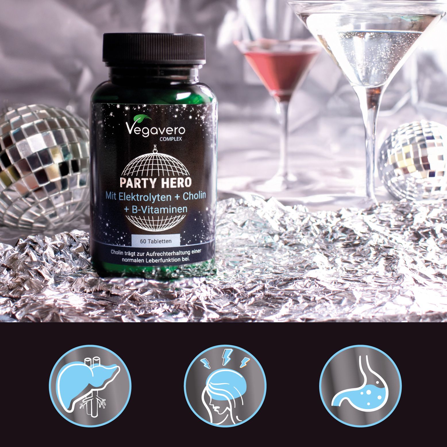 Flacone verde con tappo nero. Scritta: Vegavaro COMPLEX, PARTY HERO, Con elettroliti + colina + vitamine B. 60 compresse. Sfondo glitterato.