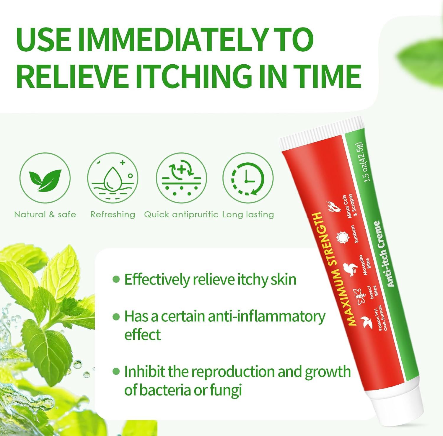 Tubo rosso e verde. Testo: Crema anti-prurito, Maximum Strength. Contiene 1,5 oz (42,5 g).
