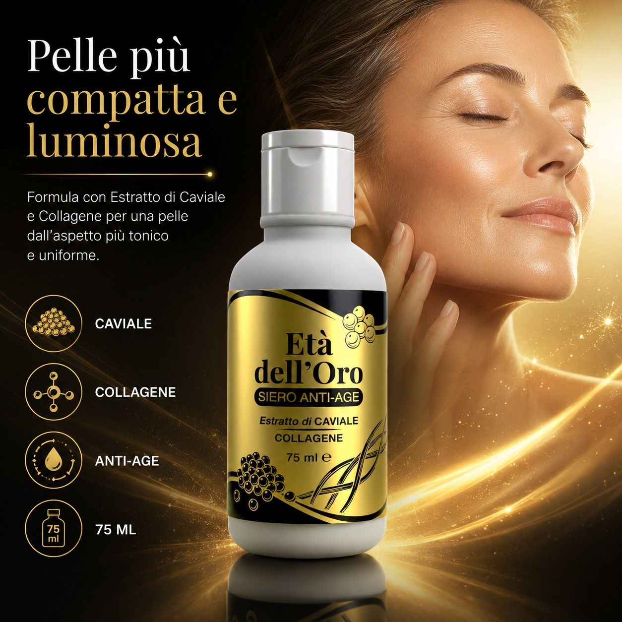 Donna con pelle radiosa accanto a una bottiglia di siero anti-età con caviale e collagene.