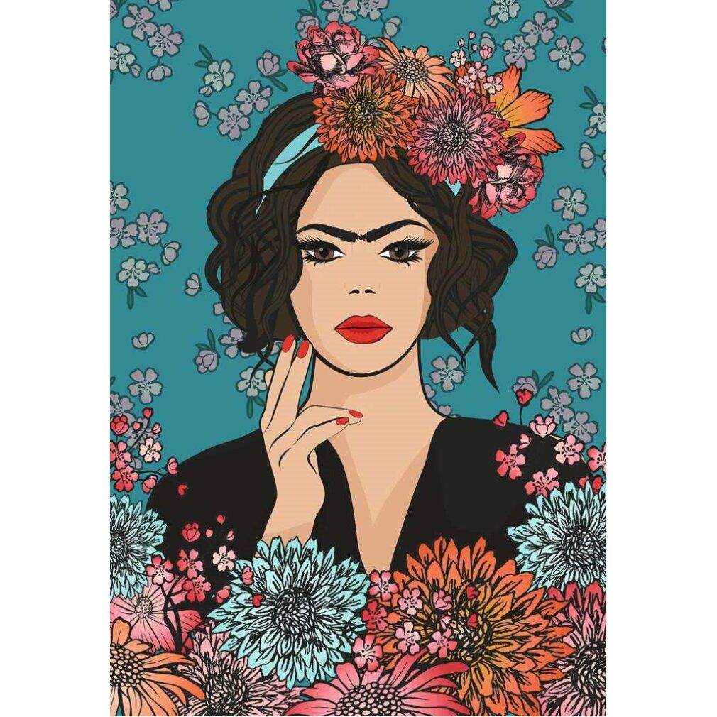Illustrazione di Frida Kahlo con corona di fiori e rossetto rosso. Donna su sfondo blu con fiori. Primo piano.