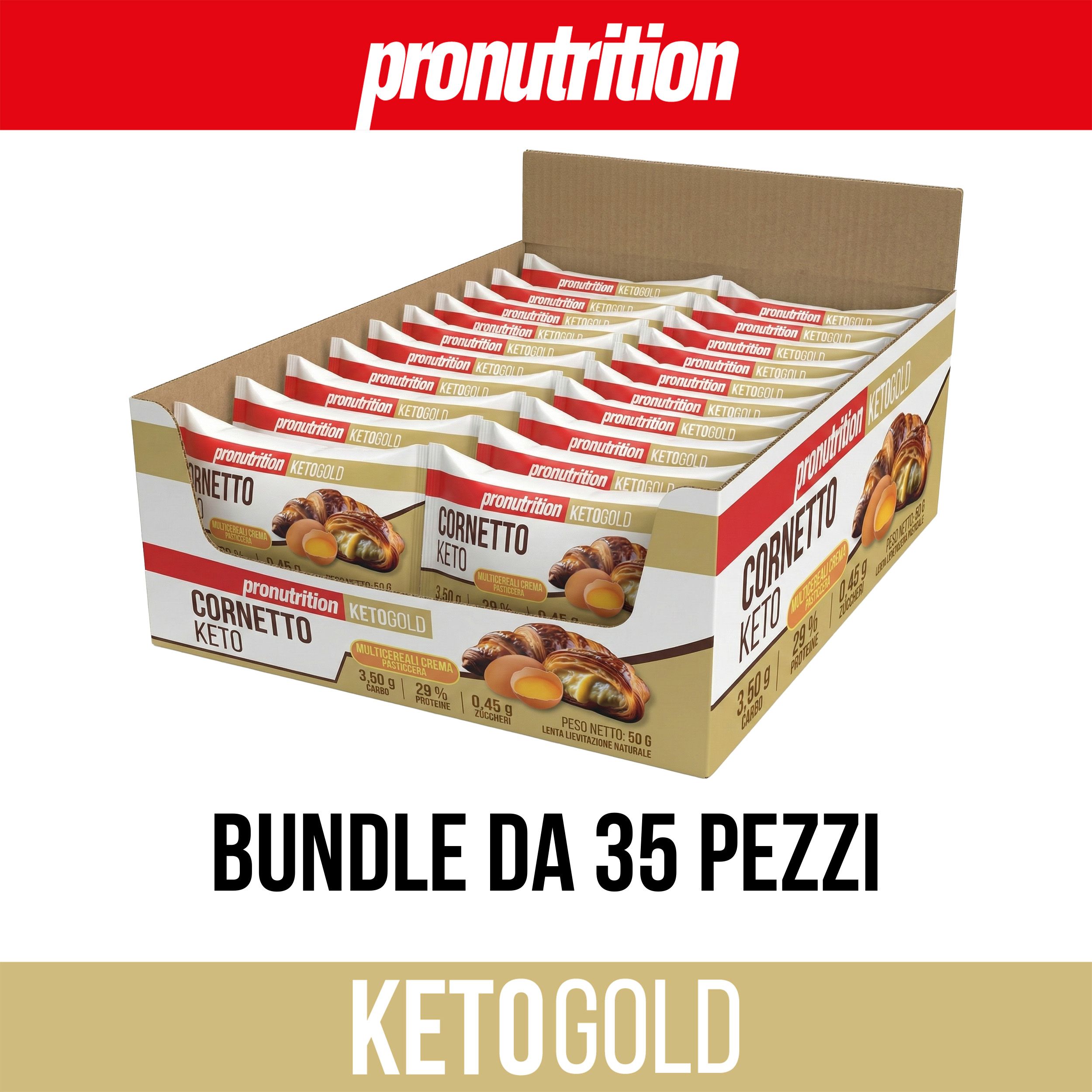 Scatola di Cornetto Keto confezionati singolarmente. Scritto: Pronutrition, Cornetto Keto, Bundle da 35 pezzi. KetoGold.