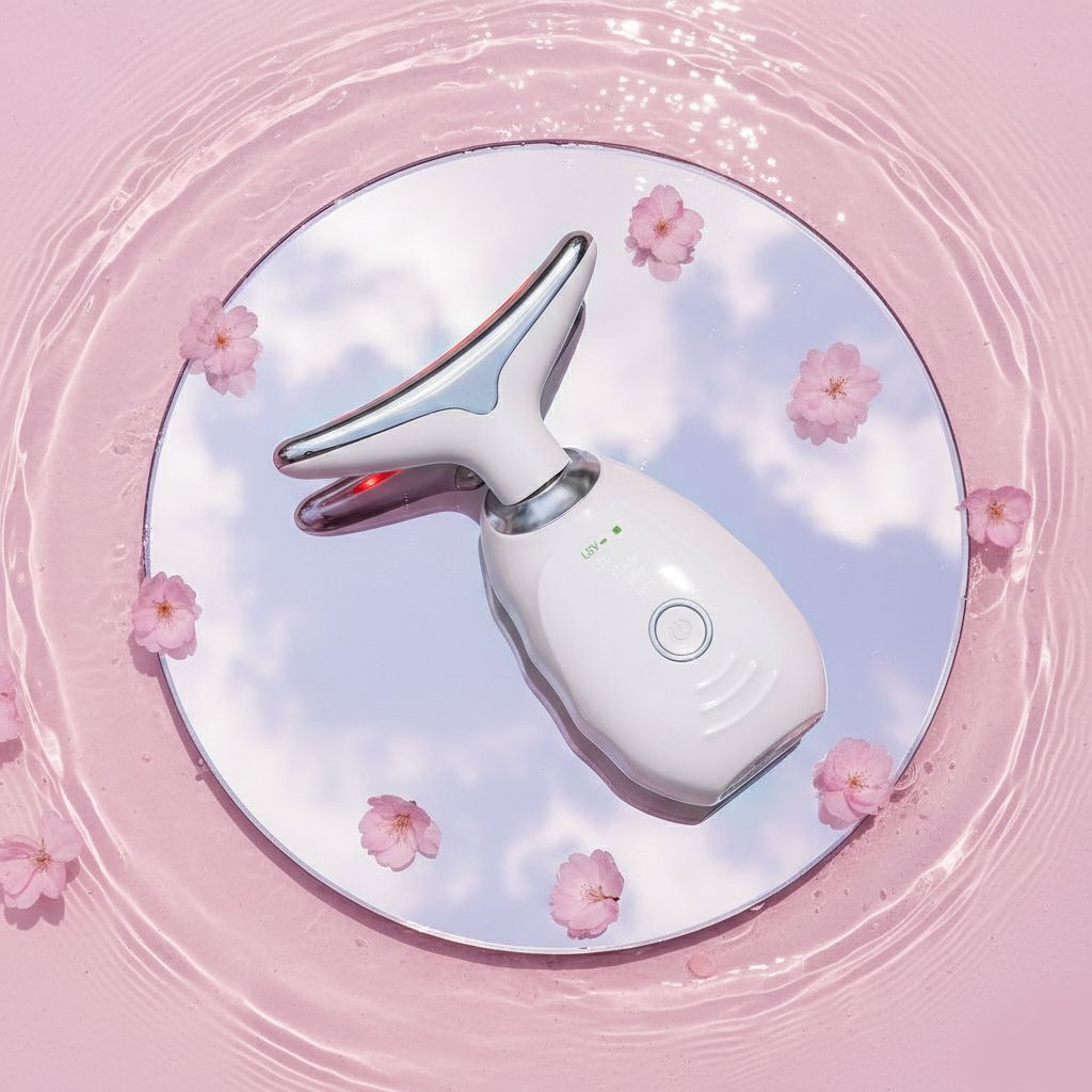 Massaggiatore viso e collo bianco con accenti argentati, su uno specchio con petali di fiori.