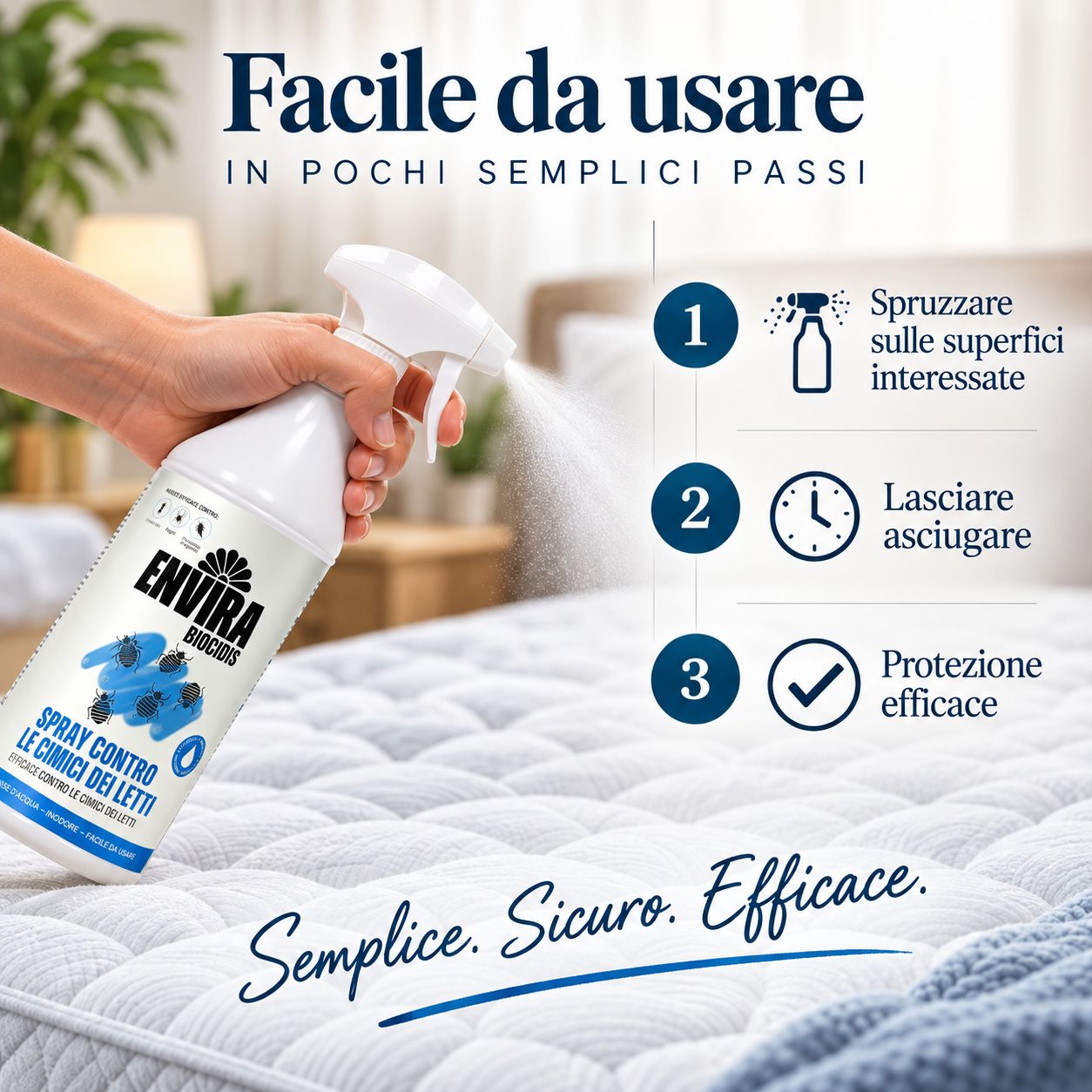 Flacone spray con etichetta 'ENVIRA BIOCIDIS' e 'SPRAY CONTRO LE CIMICI DEI LETTI'. Una mano spruzza su un materasso.