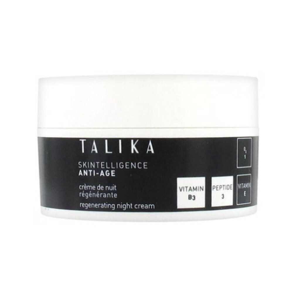 Vasetto di crema con etichetta nera. Scritta: TALIKA, Skintelligence Anti-Age, Regenerating Night Cream. Contiene Vitamina B3, Peptide 3, Vitamina E.